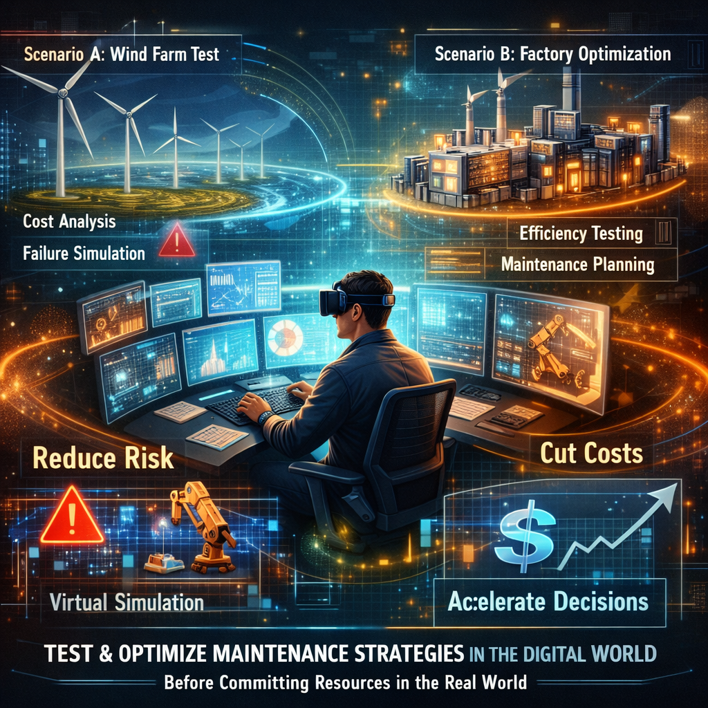 An image that depicts the running of whatif scenarios and test maintenance strategies in the digital environment before committing resources in the re-1