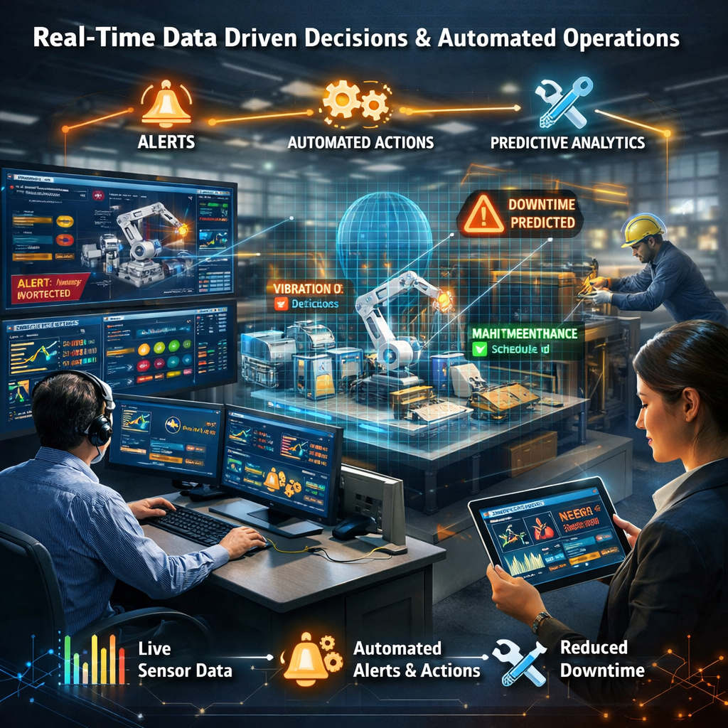 Create an image that depicts using the data from the digital twin in real time to make data driven decisions and perhapsAUTOMATE ROUTINE operational d-1